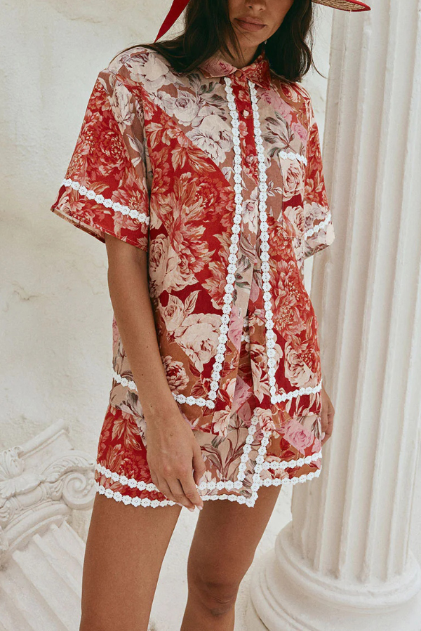 Floral Print Collared Short-sleeved Loose-fitting Shirt and Casual Floral Trim Mini Skirt Set-consonak