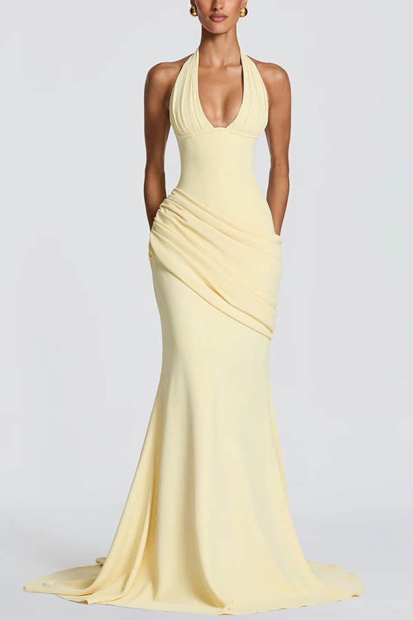 Nehemia Halter V-neck Back Lace-up Asymmetric Pleated Panel Drapes Maxi Dress | Consonak
