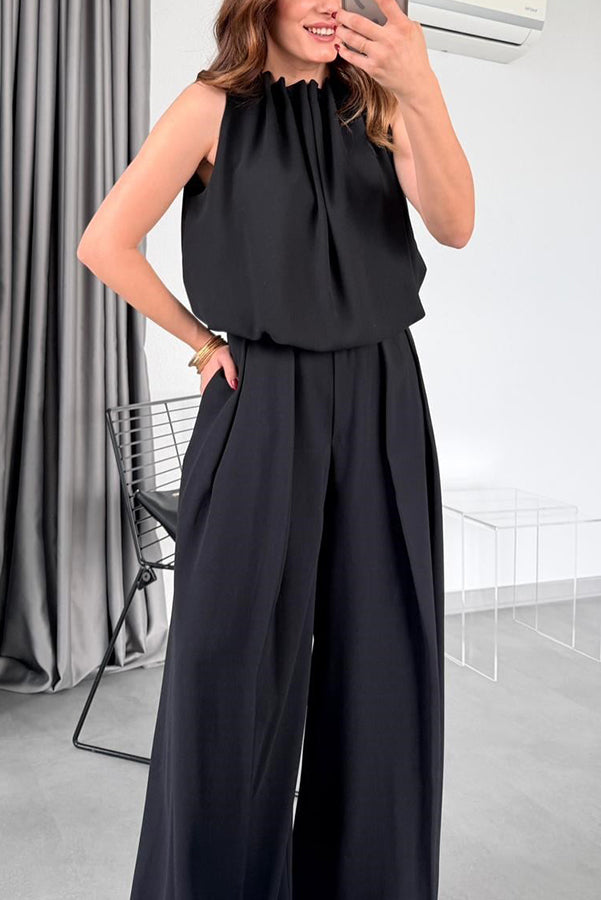 Macie Pleated High Neck Sleeveless Top and High Rise Pocket Wide Leg Pants Set