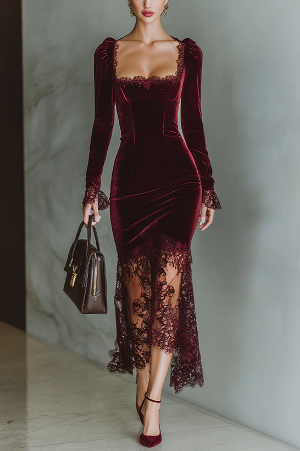 Fashionable Velvet and Lace Patchwork Square Neck Long-sleeved Maxi Dress-consonak