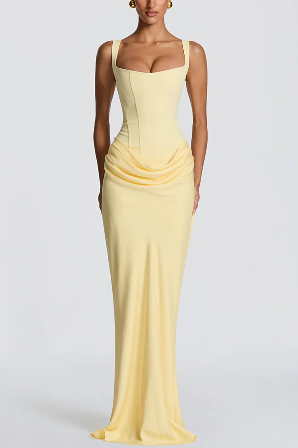 Larrah Square Neck Back Lace-up Satin Drape Hem Maxi Dress-consonak