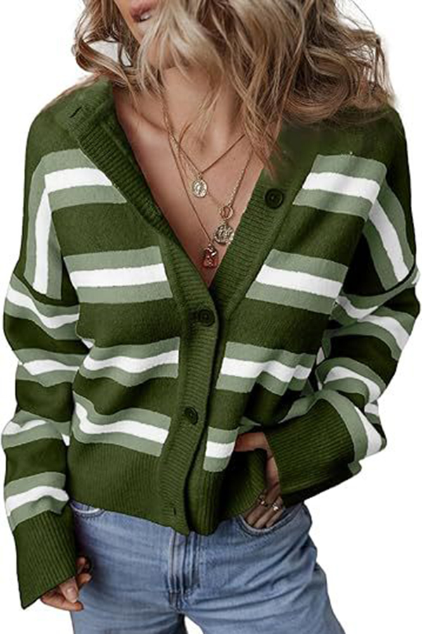 Colorblock Striped Knitted Long-sleeve Cardigan-consonak