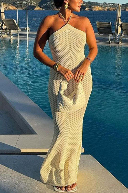  Halter Open Back Hollow Out Knit Bodycon Maxi Dress-consonak