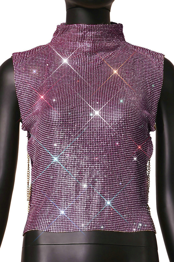 Sexy High-neck Rhinestone Metallic Top-consonak