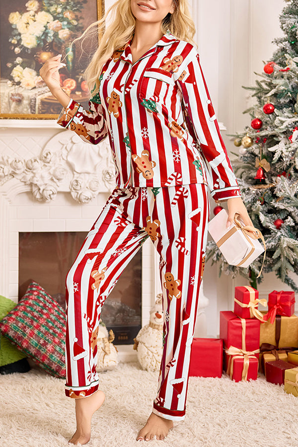 Color-blocked Striped Christmas Print Casual Long-sleeved Shirt and Elastic Waist Pants Set-consonak