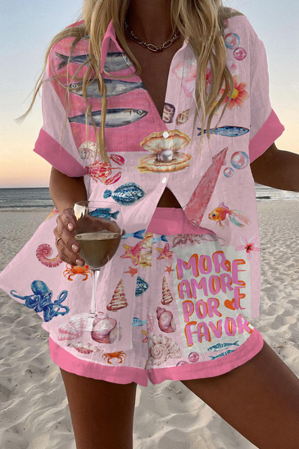Marine Creature Print Loose Button Elastic Waist Shorts Set