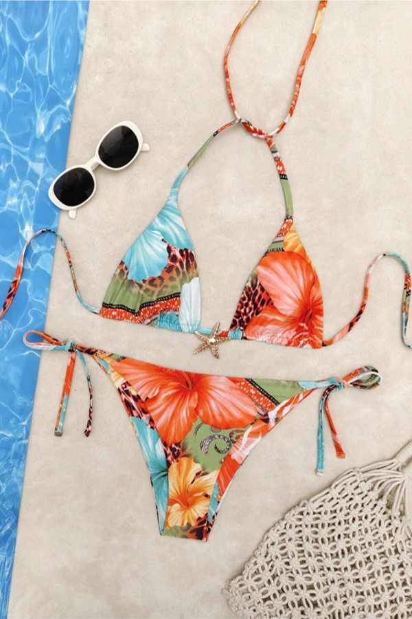 Floral Print Sexy Lace-Up Stretch Two-Piece Bikini Swimsuit-consonak