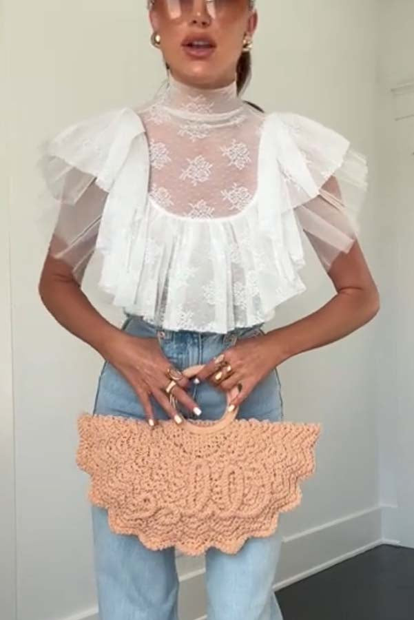 Kathlyn Lace Layered Tulle High Neck Ruffle Cropped Top | Consonak