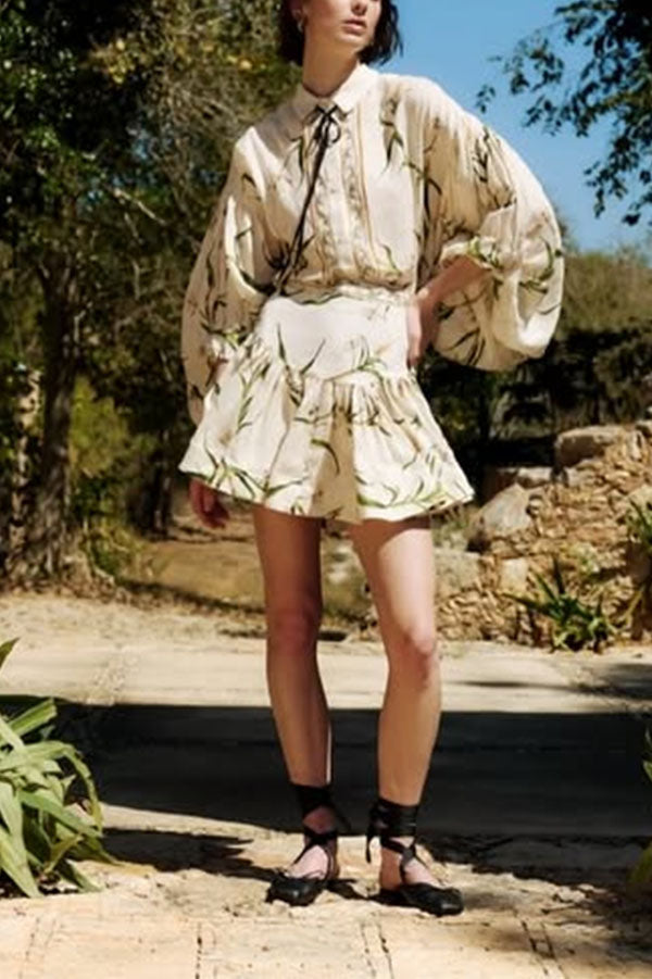 Botanical Print Puff-Sleeve Blouse & Ruffled Skirt Set-Consonak