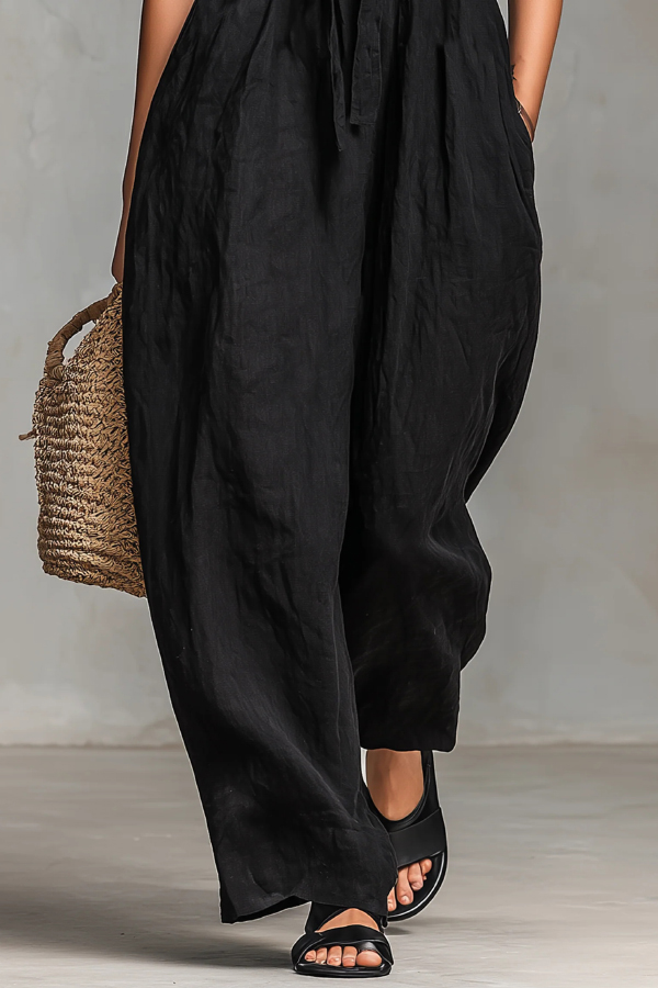 Linen Blend Sleeveless Off-shoulder Pleated Drawstring Loose Pocket Jumpsuit