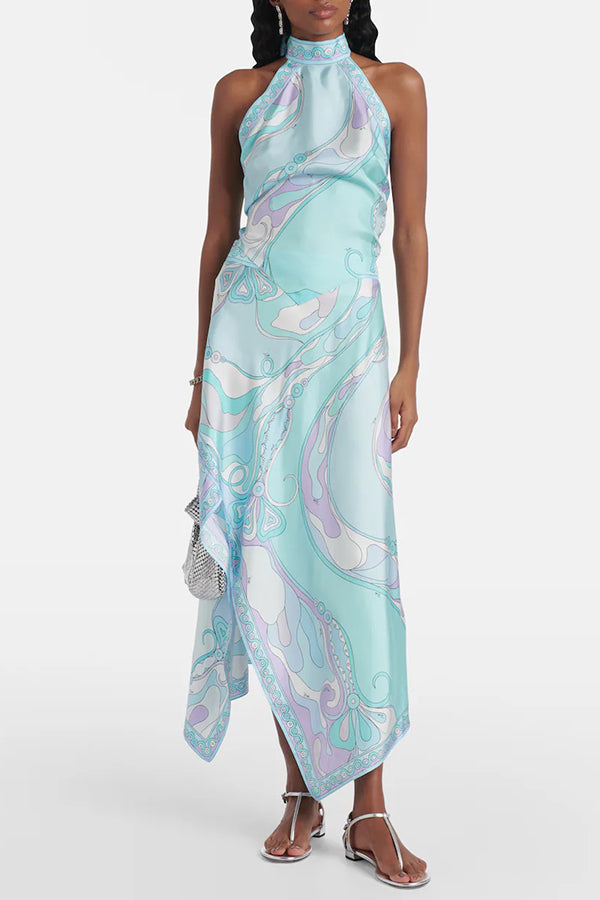 Satin Unique Print Halter Top and Irregular Midi Skirt Set-consonak