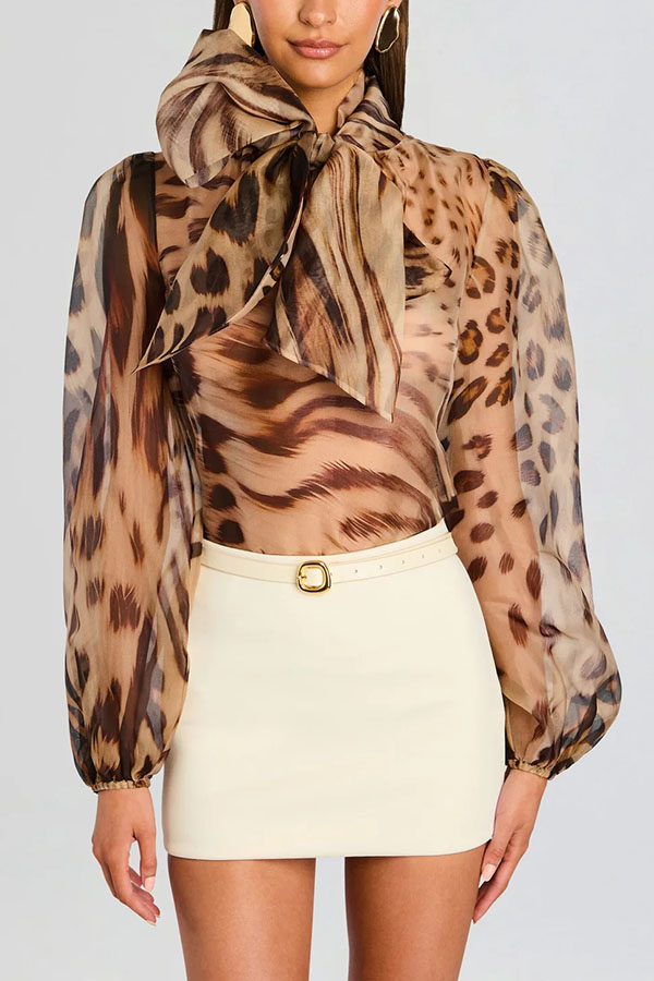 Peregrine Semi-sheer Silk Animal Print Bow Neck Balloon Sleeve Loose Blouse-consonak