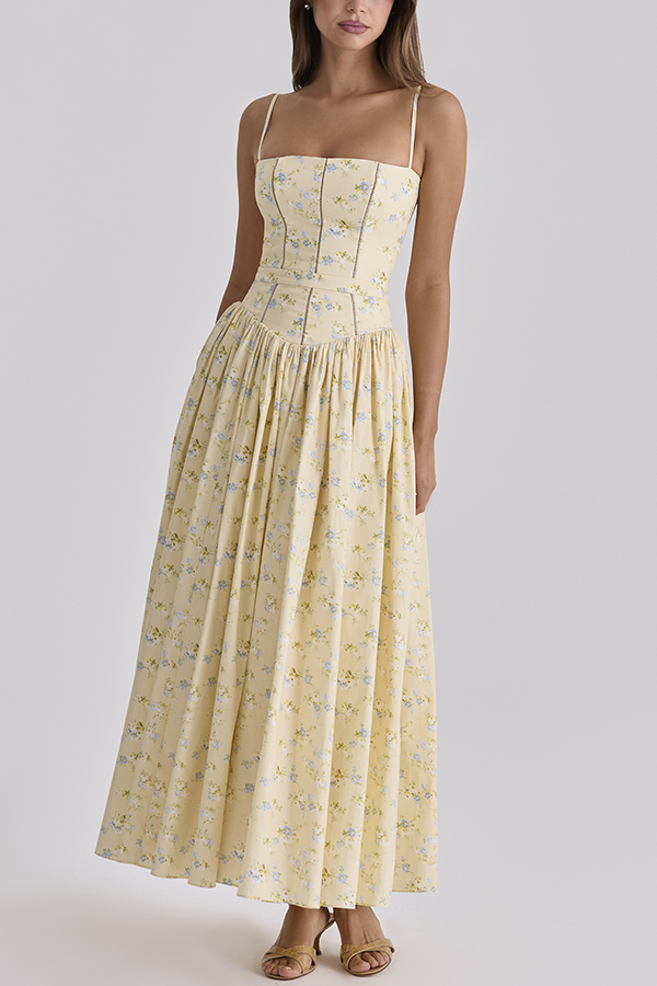 Romantic Countryside Stretch Cotton Blend Floral Print Cutout Trim Slip Midi Dress-consonak