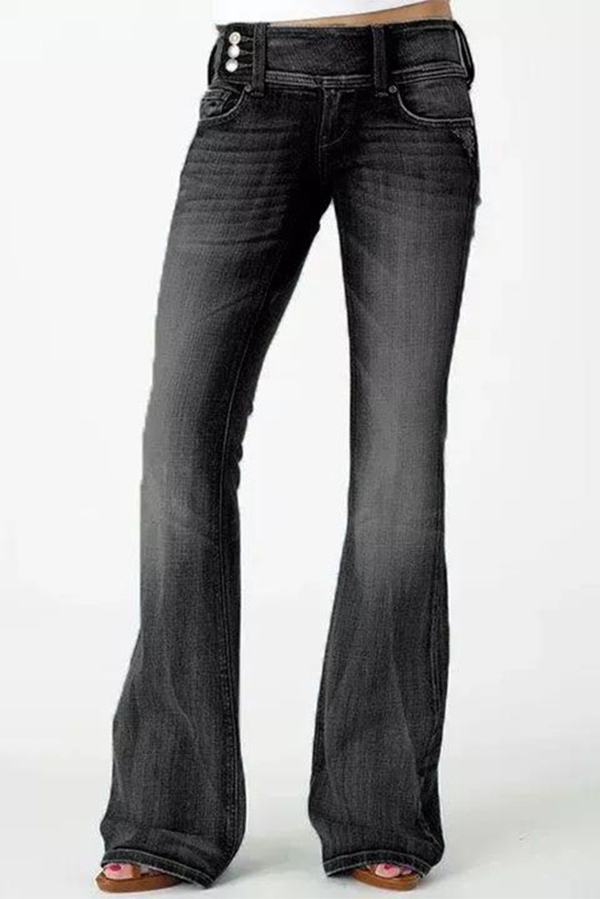 Vintage Side Button Pocket Mid-rise Flared Jeans-consonak