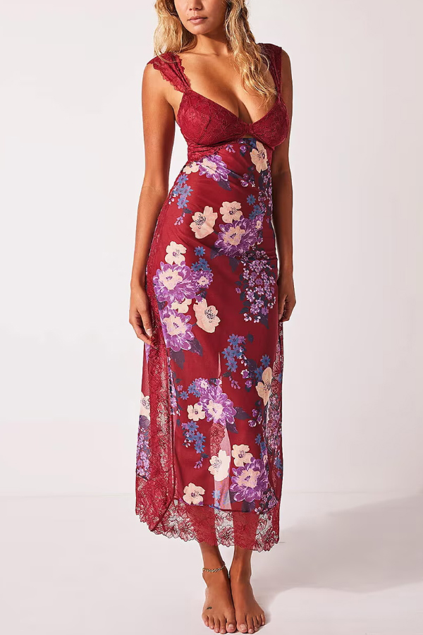 Floral Print Lace Patchwork Hollow-out Slim-fit Midi Dress-consonak