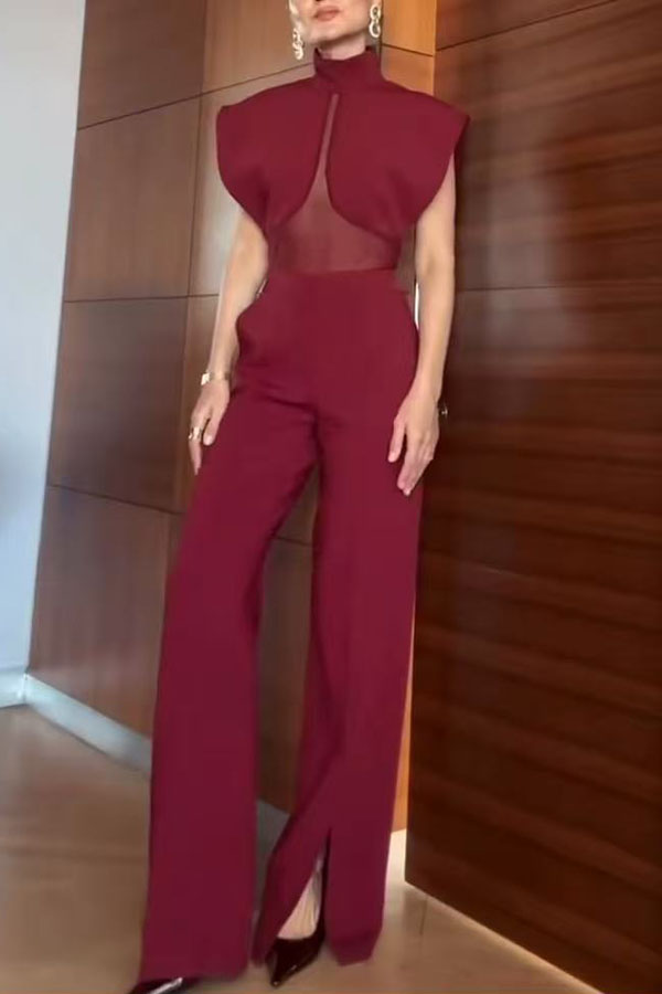 Vita Mesh Patchwork High Neck Wide Sleeve Bodysuit and High Rise Pocket Slit Pants Set-consonak