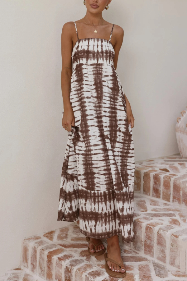Fashionable Tie-dye Print Spaghetti Strap High-waisted Casual Vacation Maxi Dress