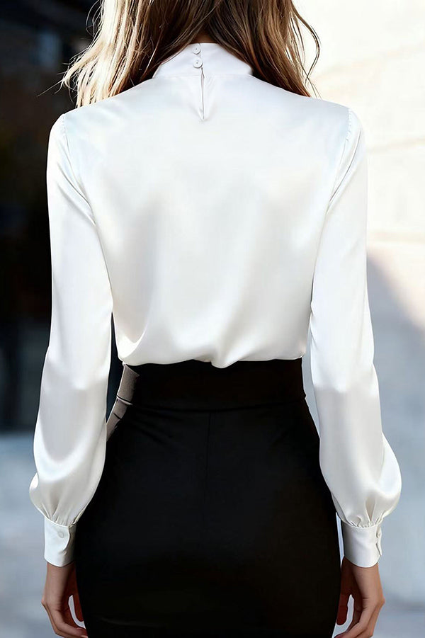 Solid Color Satin Long-sleeved Casual Tie-front Shirt-consonak