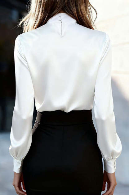 Solid Color Satin Long-sleeved Casual Tie-front Shirt-consonak