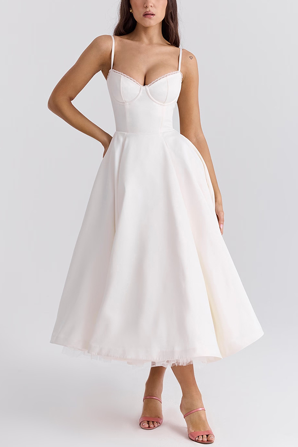 Fairytale Vibe Satin Patchwork Tulle Sweetheart Neck Pocket Stretch Midi Dress-consonak