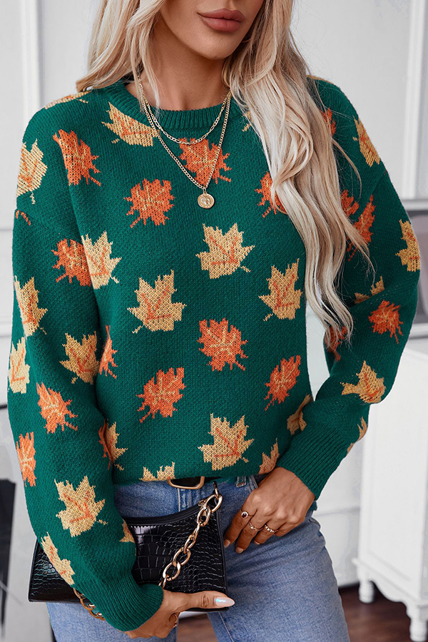 Maple Leaf Pattern Casual Loose Knitted Sweater-consonak