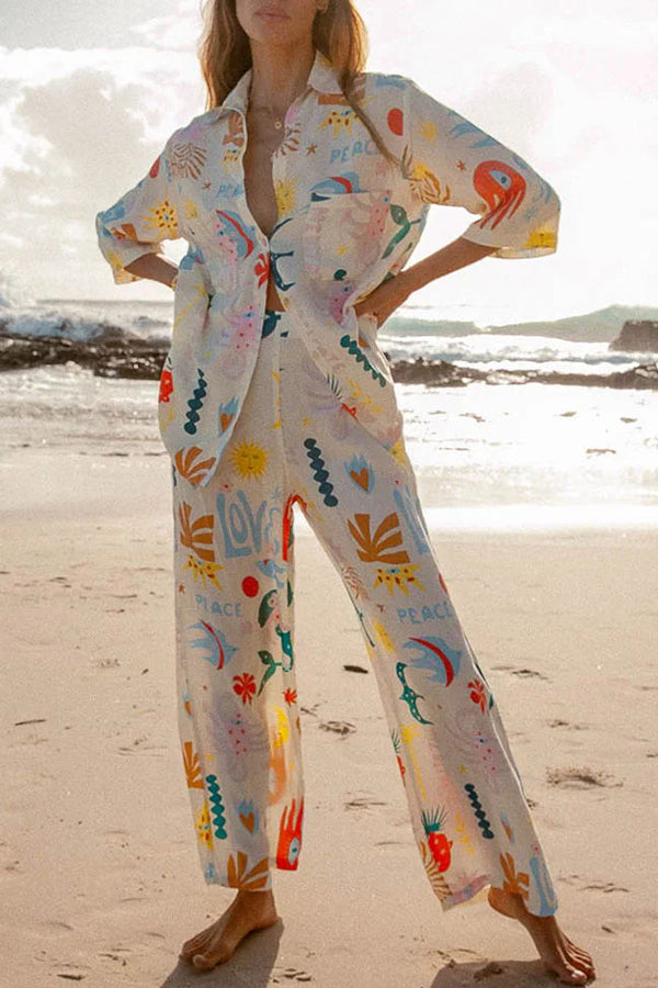 Abstract Sea Creature Print Button Pockets Elastic Waist Pant Suit-consonak