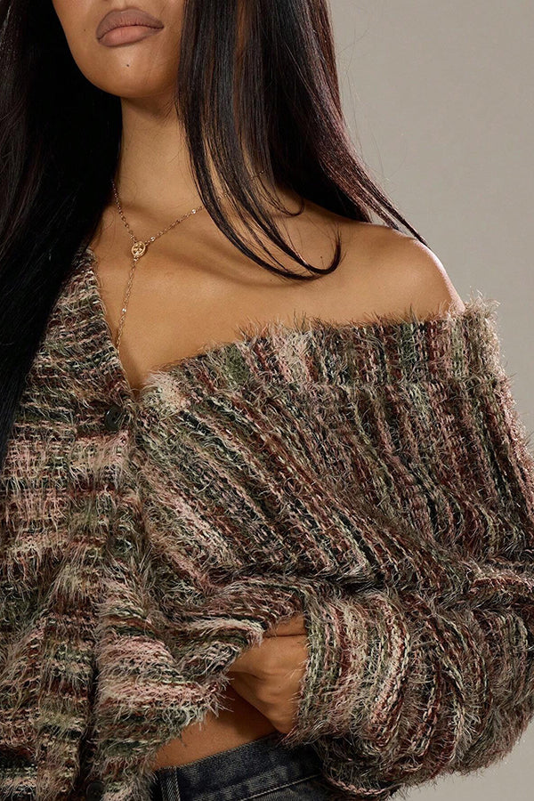 Fashionable Mixed Color Loose V-neck Casual Knit Cardigan-consonak