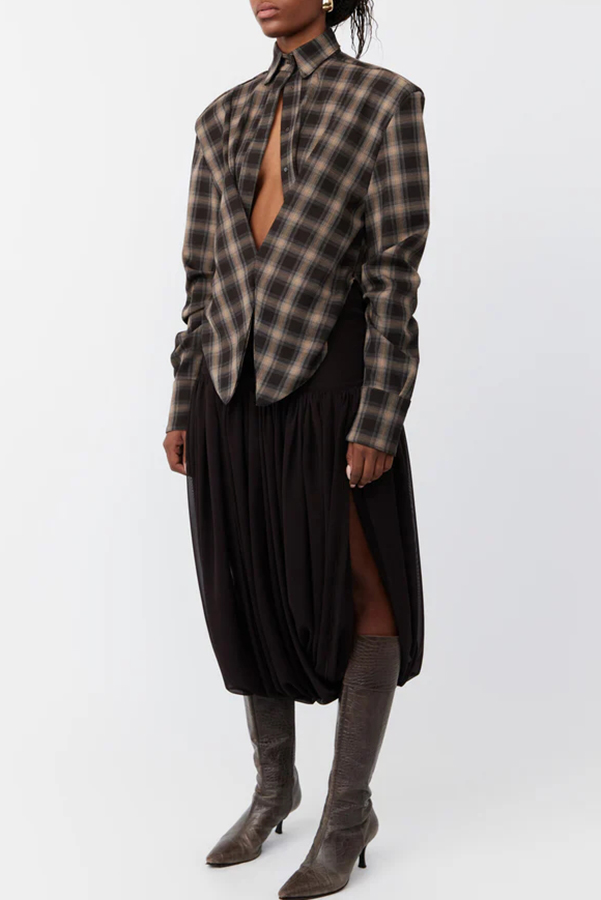 Vintage Plaid Shoulder Pad Buttons Long Sleeve Angled Hem Shirt-consonak