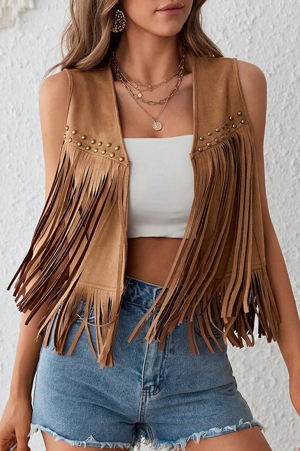 Stylish Suede V-neck Sleeveless Casual Studded Tassel Vest-consonak