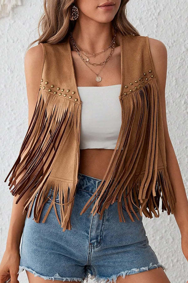 Stylish Suede V-neck Sleeveless Casual Studded Tassel Vest-consonak