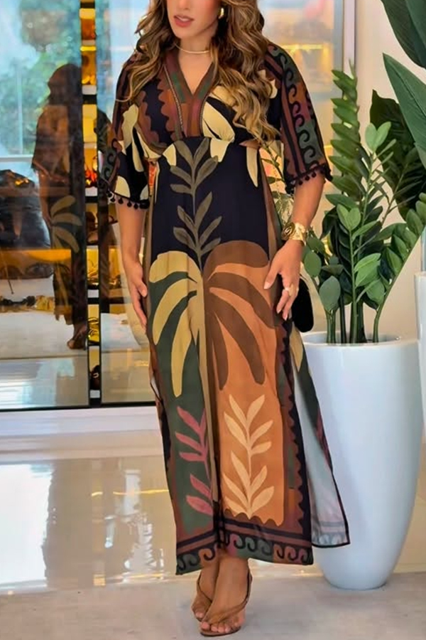 Sundancer Glow Unique Print Tassels Trim Half Sleeve Side Slit Maxi Dress
