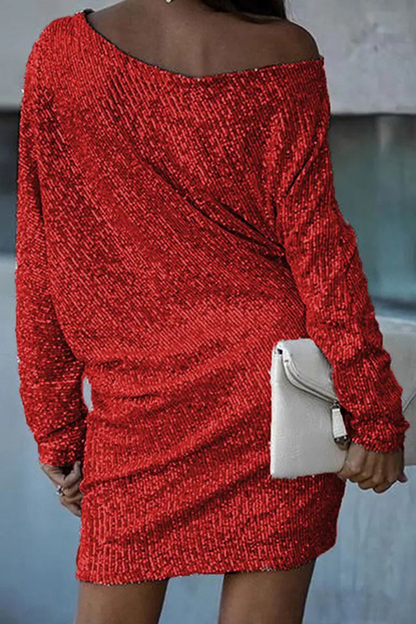 Solid Sequined Off-shoulder Loose Mini Dress | Consonak