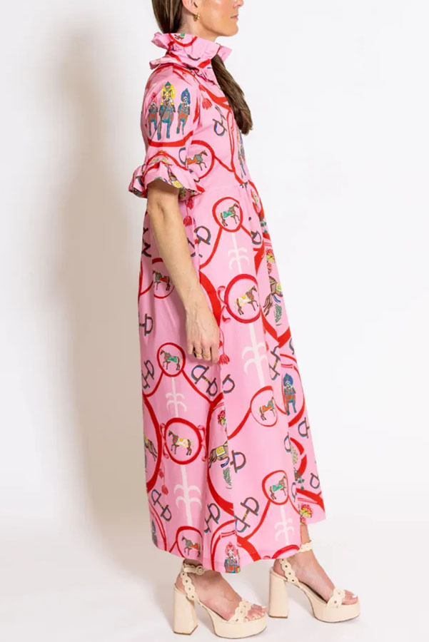 Churchill Social Playful Warhorse Print Stand Neck Ruffle Sleeve Belted Pocket Caftan Midi Dress-Consonak