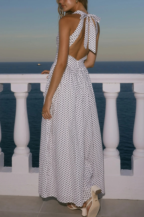Polka Dot Print Halter Neck Fitted Waist Holiday Maxi Dress-consonak