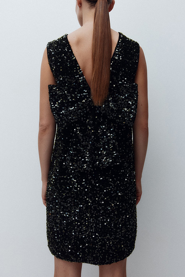 Glam Season Velvet Sequin Back Oversized Bow Design Sleeveless Loose Mini Dress-consonak