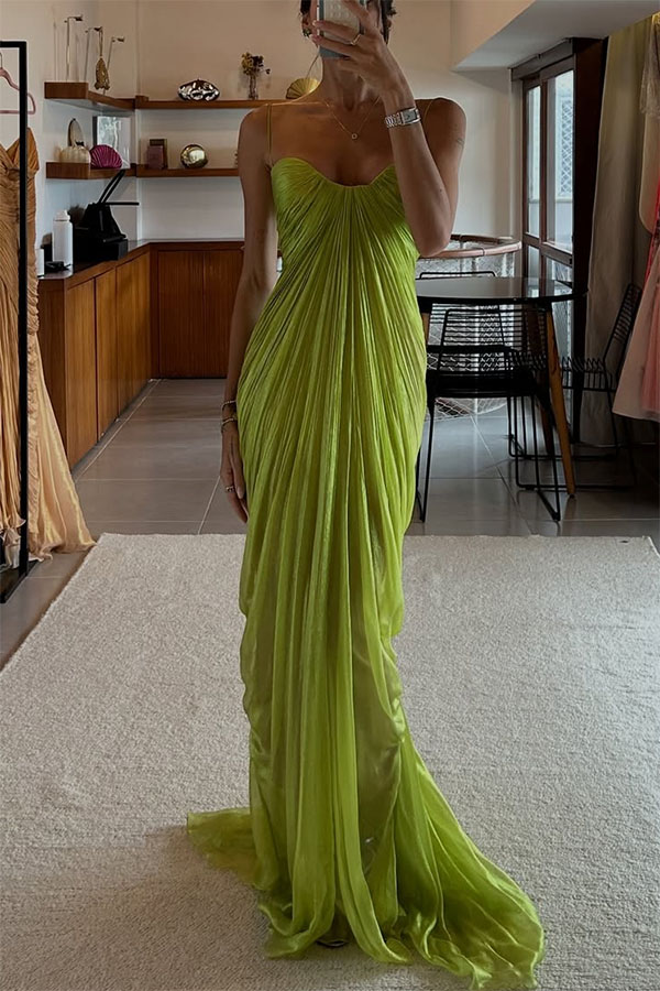 Victoria Shimmering and Flowing Pleated Fabric Back Lace-up Drape Maxi Dress-consonak