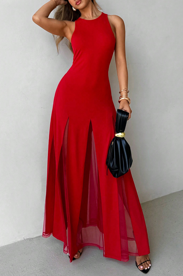 Solid Color Round Neck Sleeveless Slim Fit Sheer Patchwork Hem Maxi Dress | Consonak