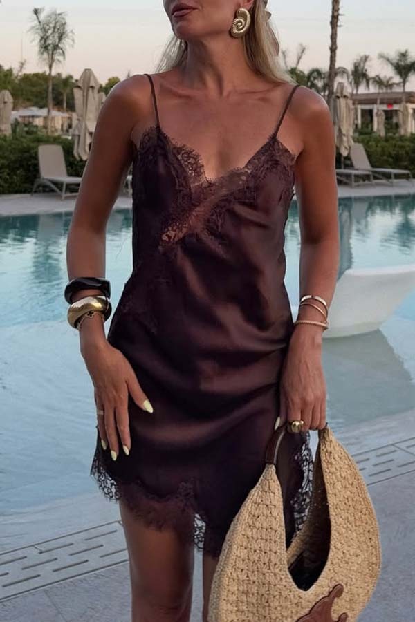 Elouise Satin Lace Trim V-neck Asymmetrical Hem Slip Mini Dress-consonak