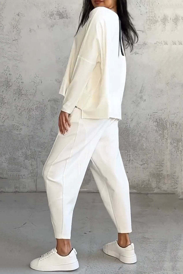 Solid Color Crew Neck Long-sleeved Irregular Loose Top and Elastic Waist Pocket Casual Pants Set-consonak