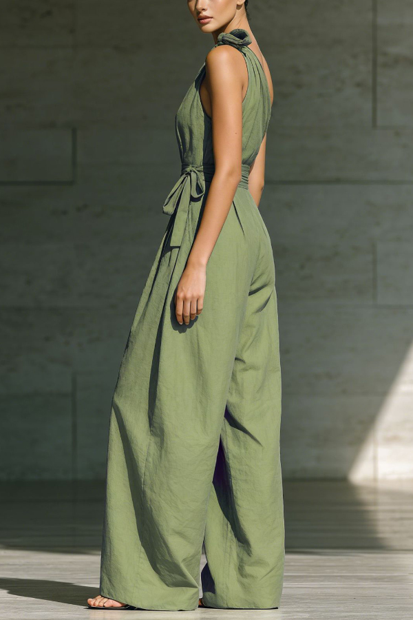 Solid Color Sleeveless One-shoulder Fitted Waist Casual Pocket Loose Wide-leg Jumpsuit