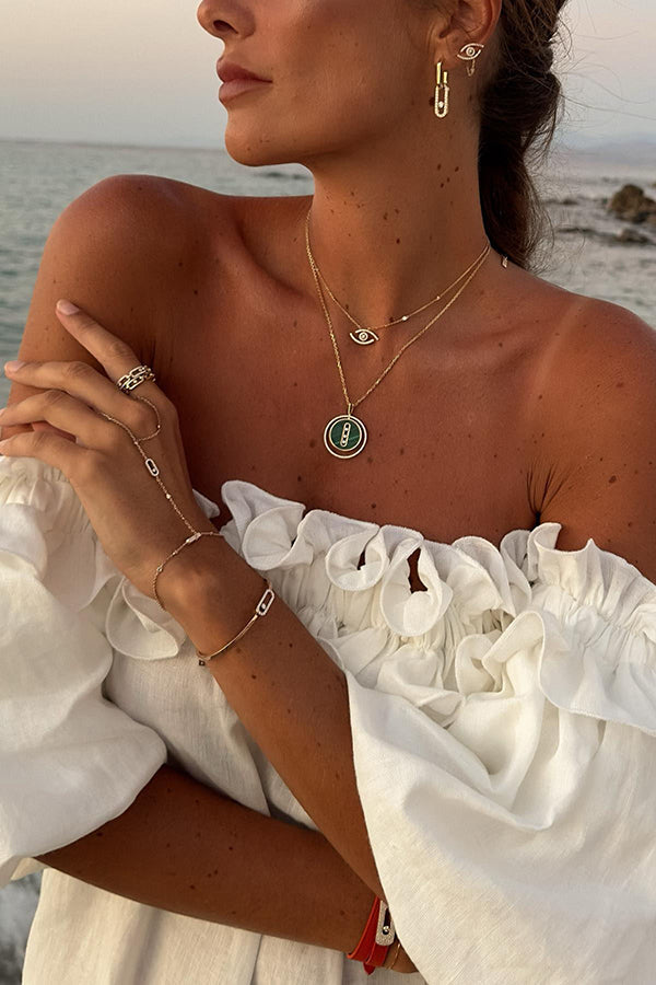 Seaside Street Fashionable Linen Blended Off Shoulder Ruffles Bubble Sleeves Pocket Flute Dress-consonak