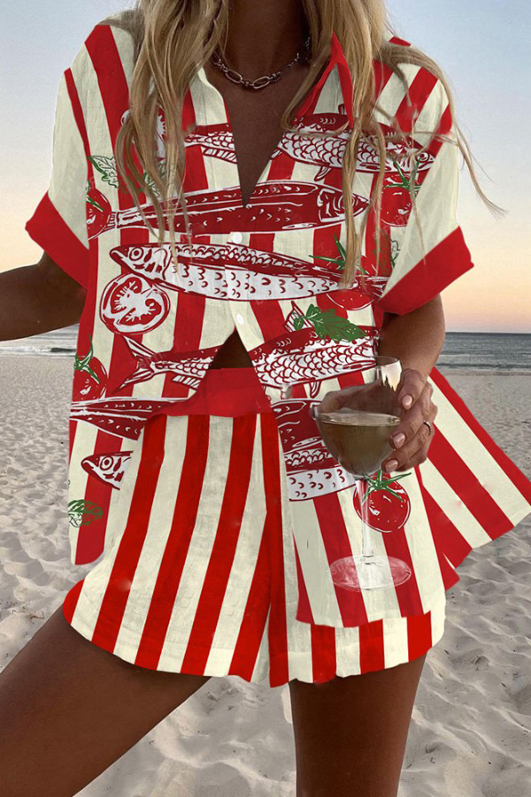 Striped Tomato Fish Print Loose Button Elastic Waist Shorts Set-consonak