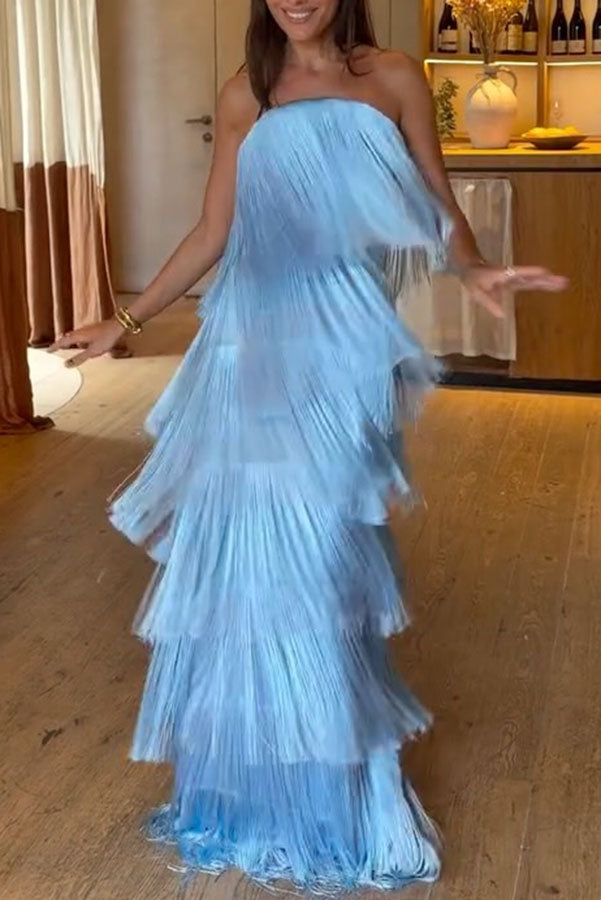 Party Queen Layered Tassel Design Off Shoulder Back Tie-up Maxi Dress-Consonak