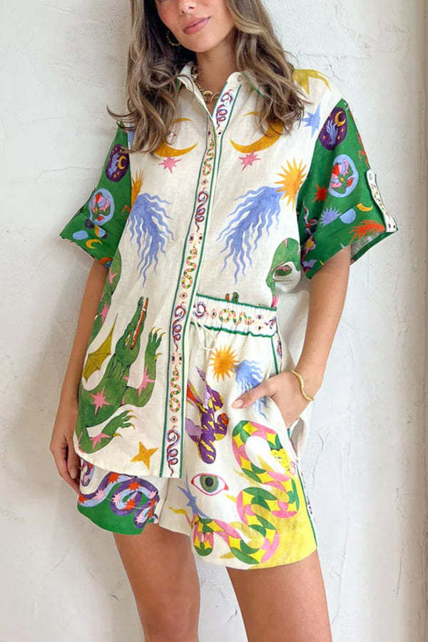 Holidays of Heaven Linen Blend Special Unique Printed Blouse and Elastic Waist Pocketed Shorts Set-consonak