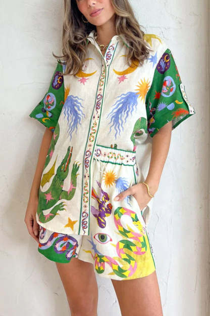 Holidays of Heaven Linen Blend Special Unique Printed Blouse and Elastic Waist Pocketed Shorts Set-consonak