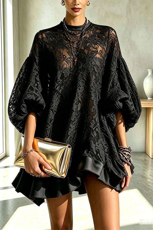 Norah Floral Lace Crew Neck Balloon Sleeve A-line Loose Mini Dress-Consonak