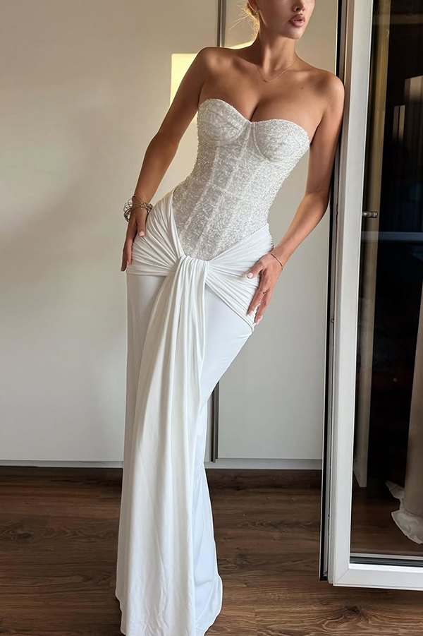 Carina Sequined and Satin Jersey Off Shoulder Ruched Knot Drape Maxi Dress | Consonak