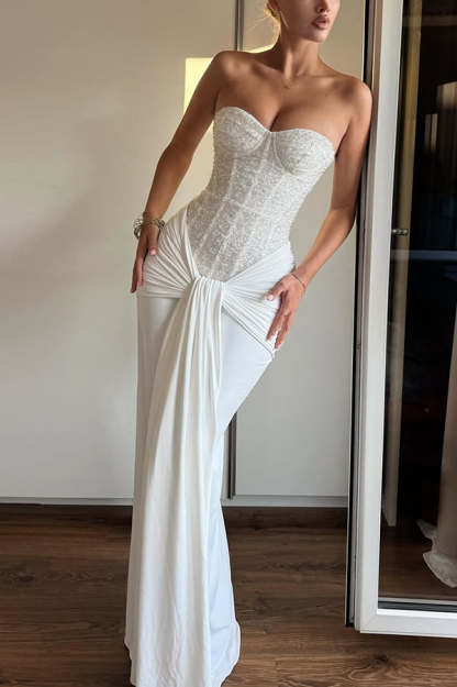 Carina Sequined and Satin Jersey Off Shoulder Ruched Knot Drape Maxi Dress-consonak