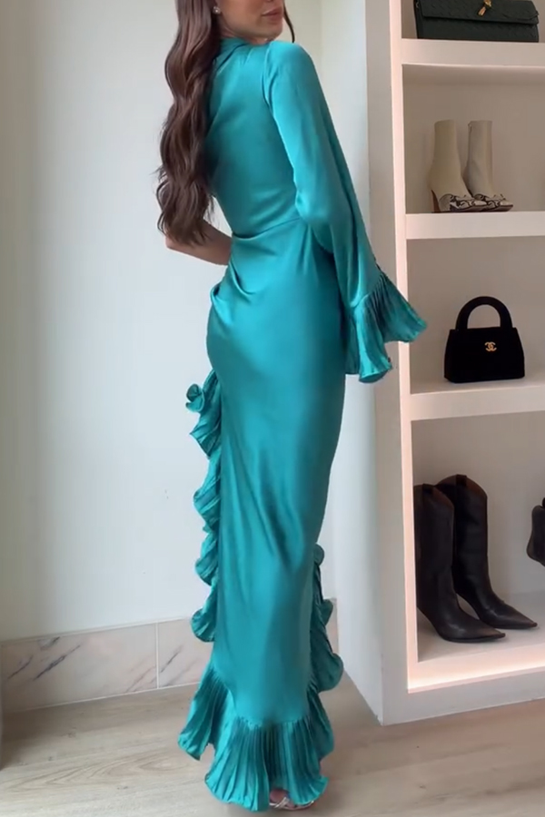 Elegant Satin One Shoulder Sleeve Pleated Ruffles Trim Ruched Asymmetrical Maxi Dress-consonak