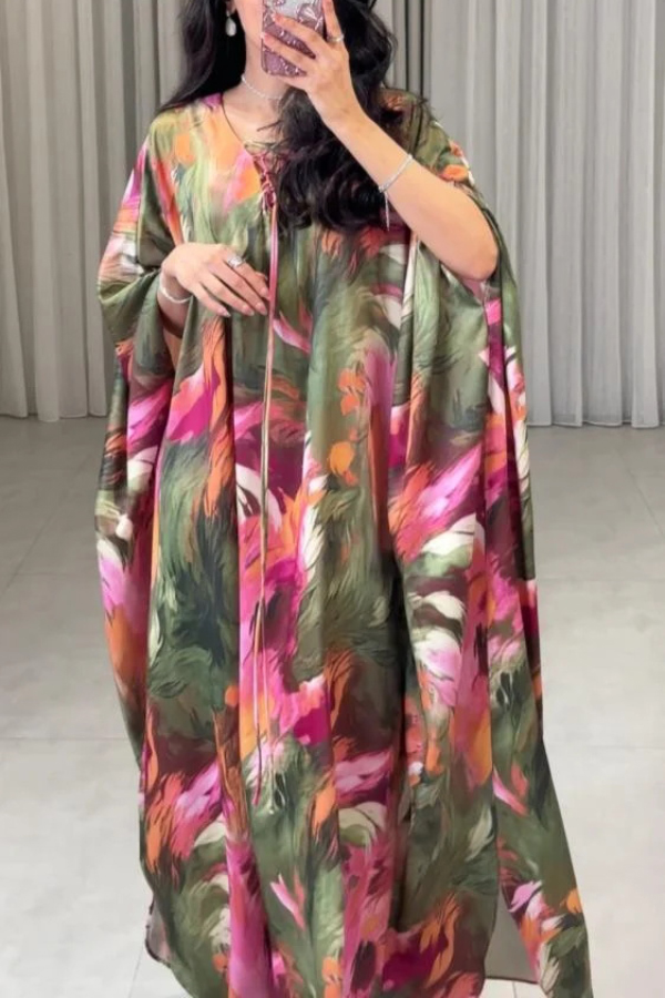 Unique Printed Loose V-Neck Kaftan Robe Maxi Dress-consonak